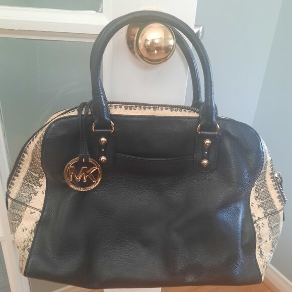 Michael Kors Black and Snakeskin Leather Bowling Bag Purse MK Logo - Picture 1 of 7